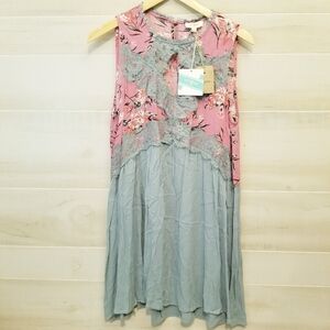 {S} NWT Umgee Floral Lace Boho Babydoll Tunic Tank Pink Teal